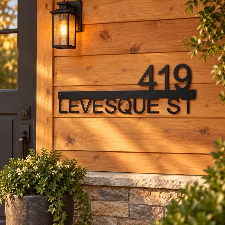 419 Levesque Street custom metal address sign