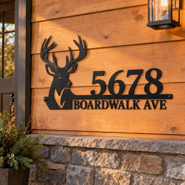 5678 Boardwalk Avenue woodland deer metal address sign in a warm cedar entrance