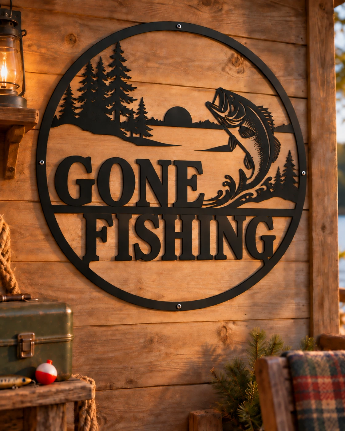 Gone Fishing black metal sign in a warm rustic cottage setting