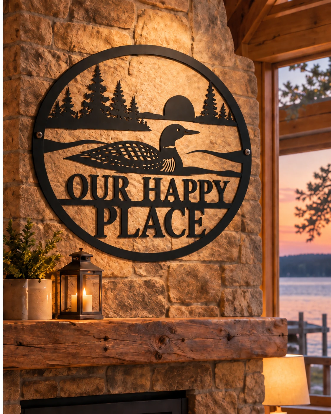 Our Happy Place loon metal sign in a warm lakeside room