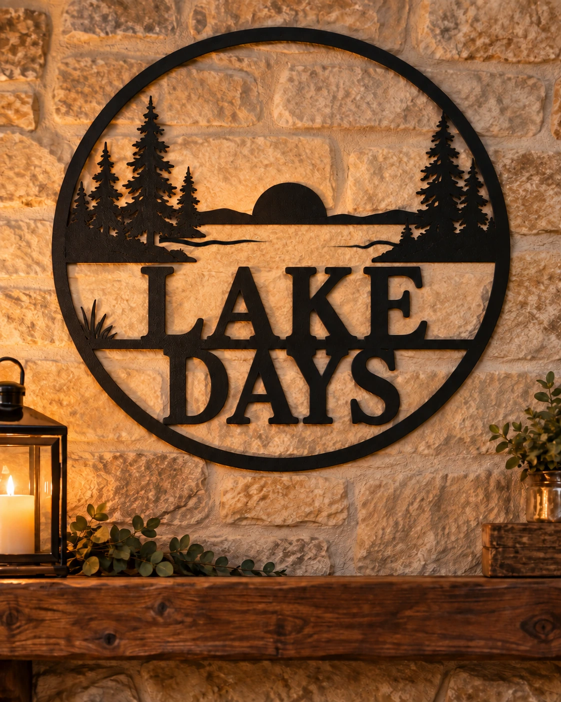 Lake Days black metal sign in a warm rustic cottage setting