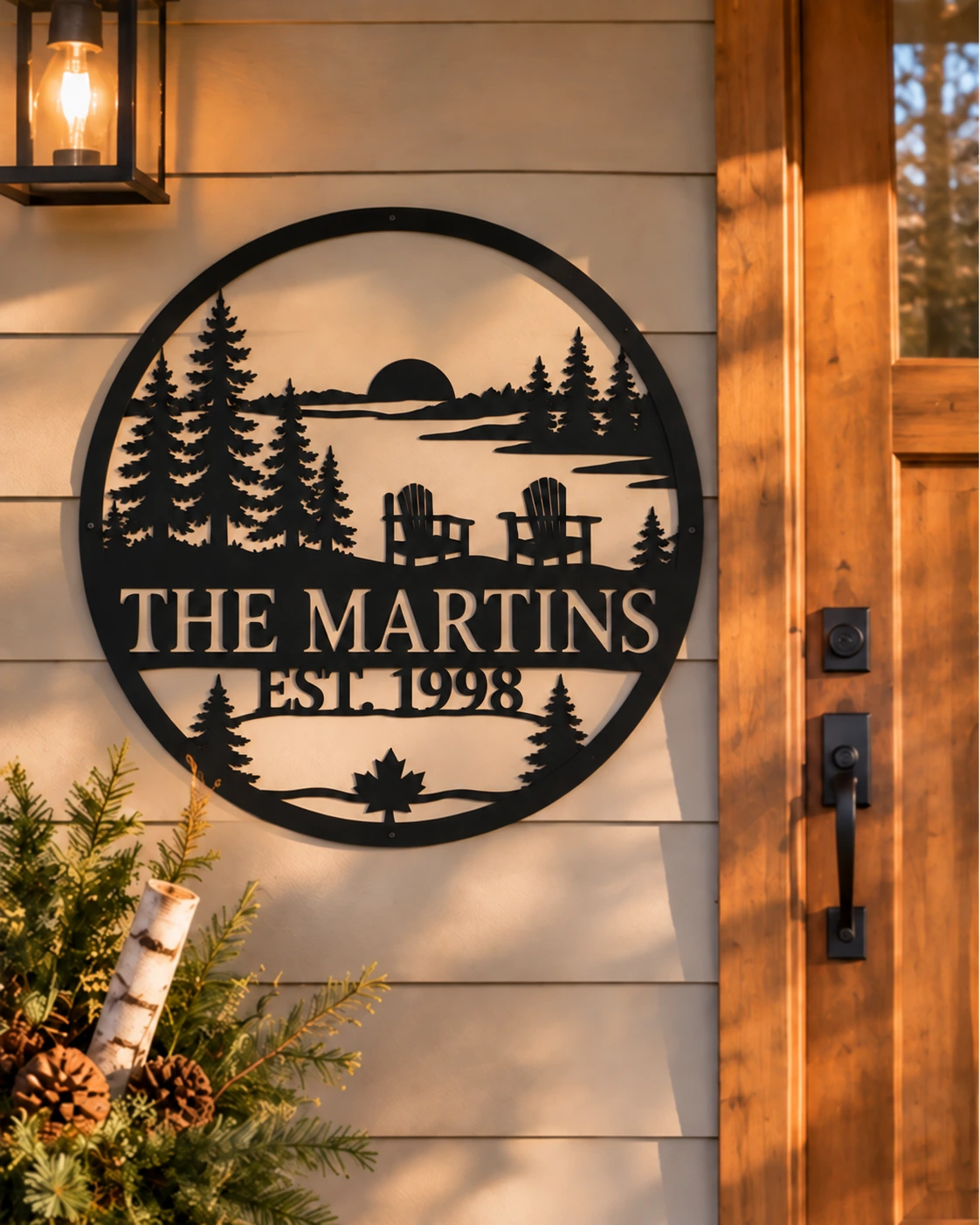 The Martins custom metal family sign on a warm porch