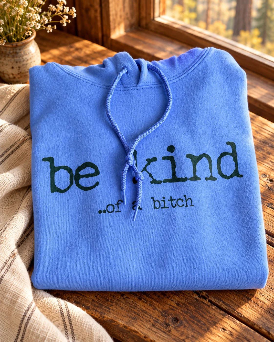 Be kind of a b.... Hoodie or T-Shirt displayed in a warm styled setting