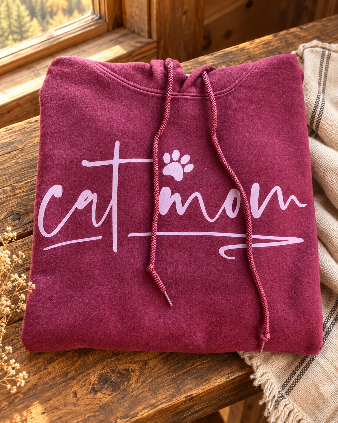 Cat mom Hoodie or T-Shirt displayed in a warm styled setting
