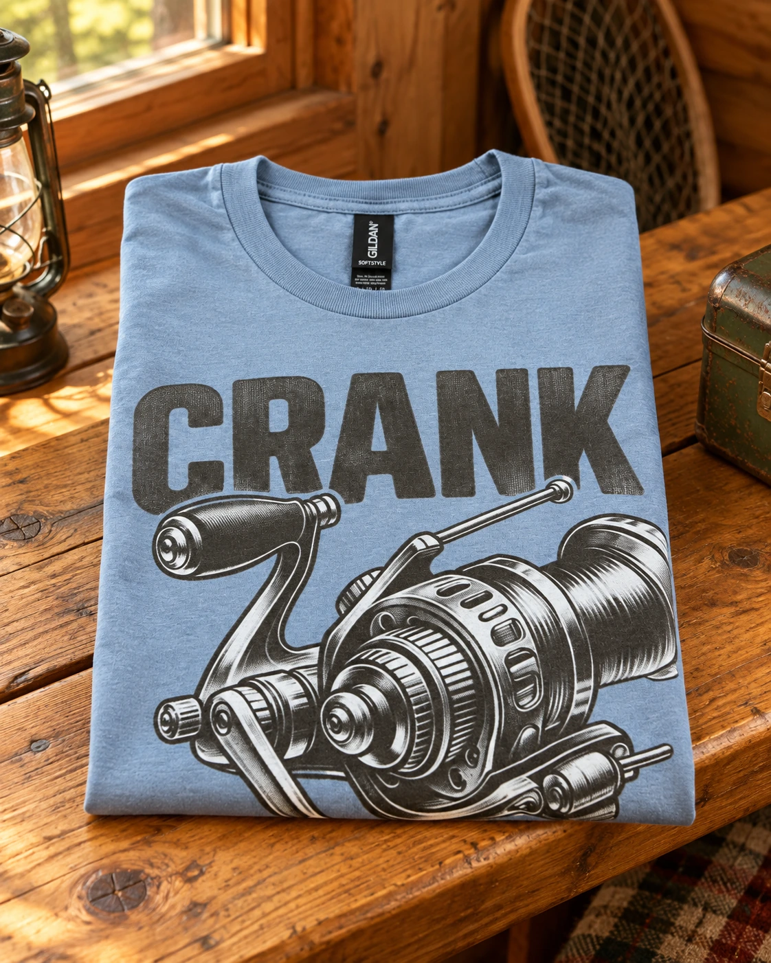 Cranky fishing t-shirt displayed in a warm styled setting