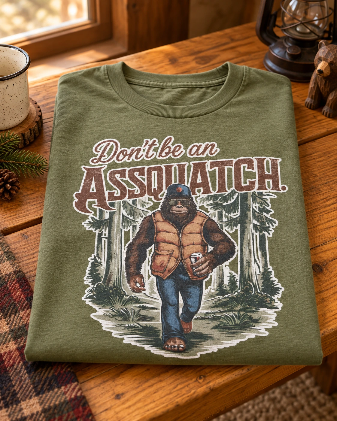 Dont be an assquatch t-shirt displayed in a warm styled setting