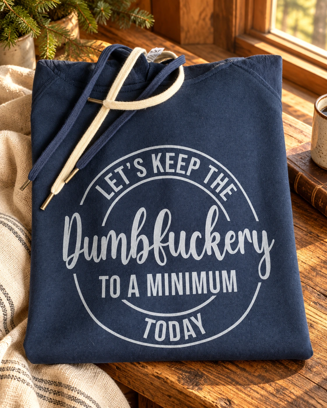 Dumbfuckery Hoodie or T-Shirt displayed in a warm styled setting