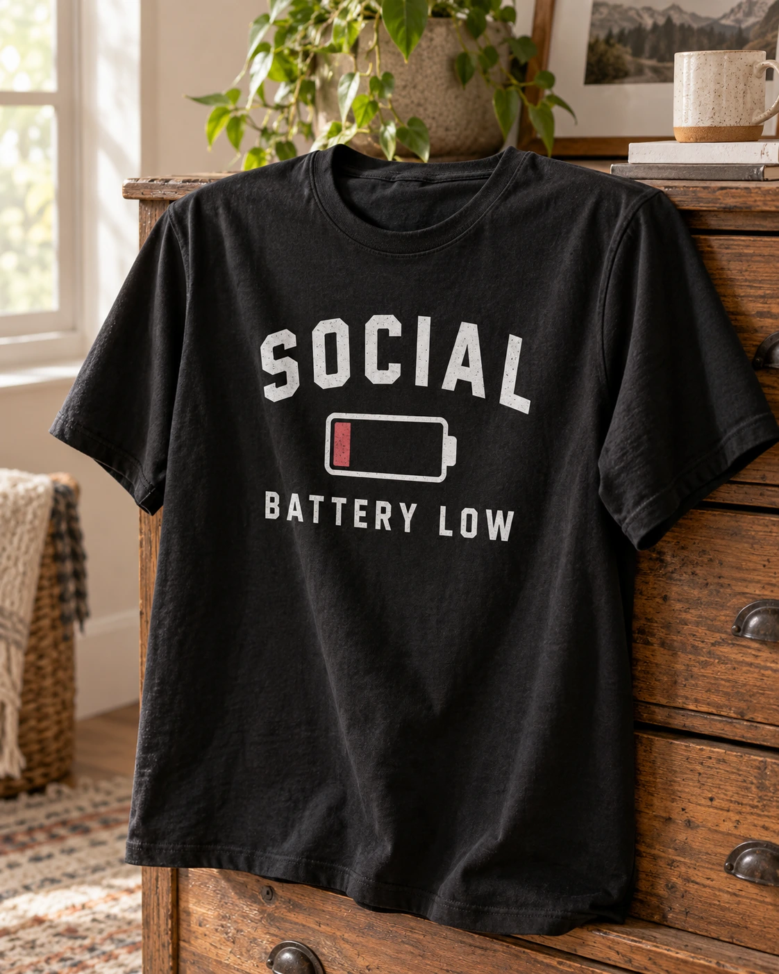 Social Battery Low displayed in a warm styled setting