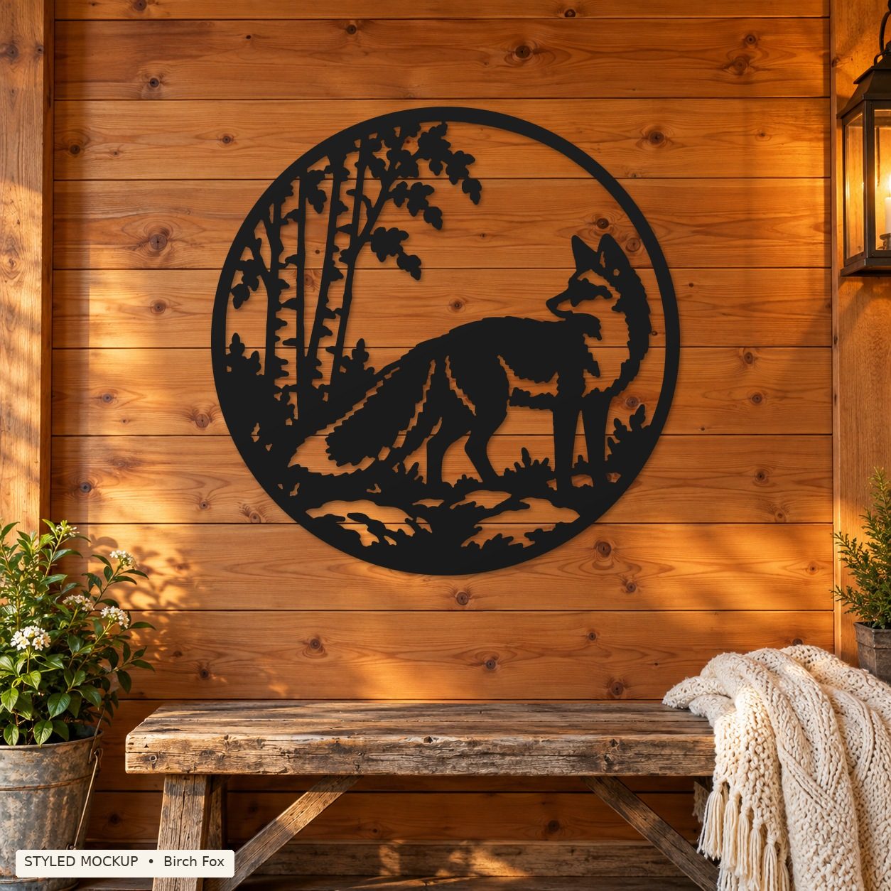 Birch Fox metal sign shown in a cedar entry styled mockup