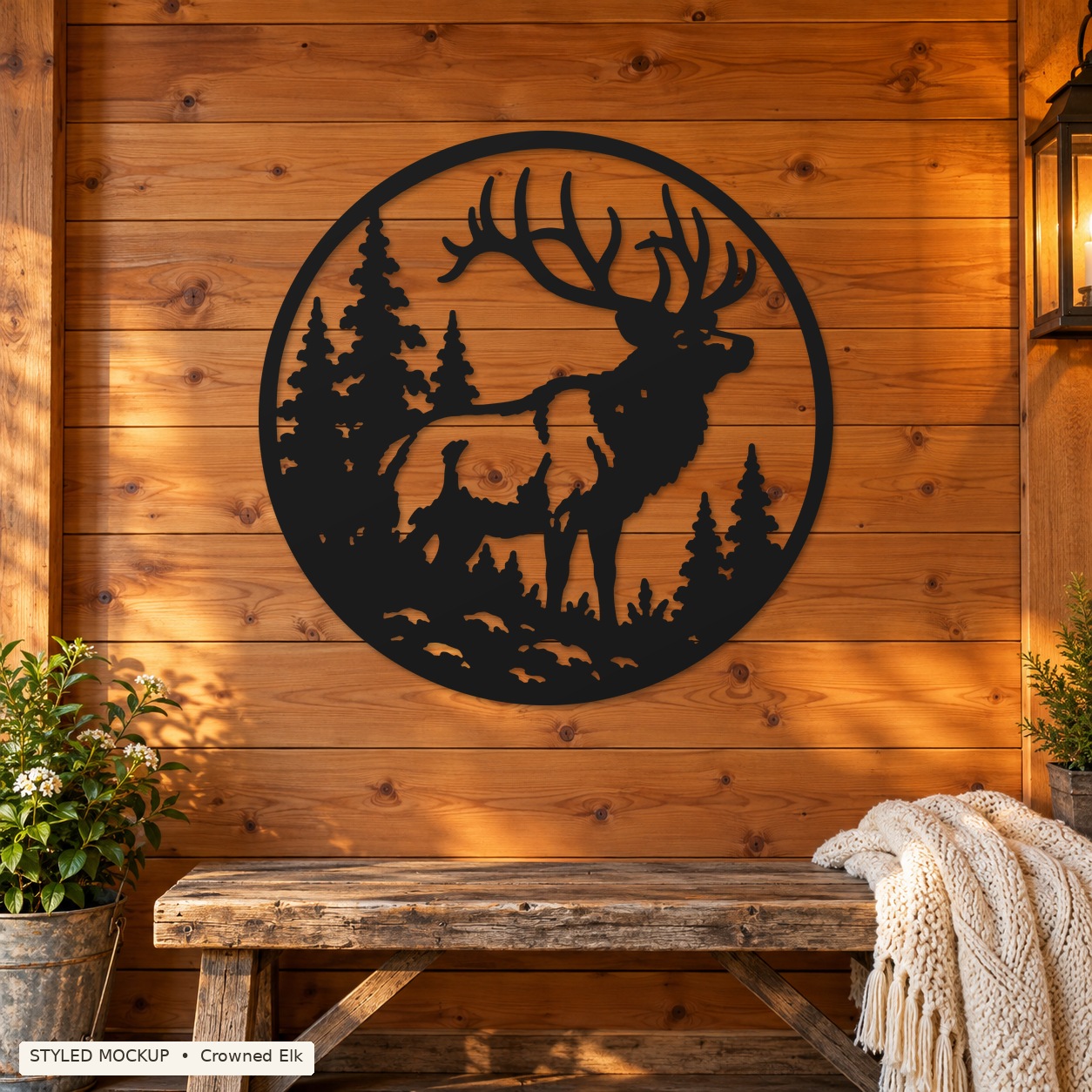 Crowned Elk metal sign shown in a cedar entry styled mockup
