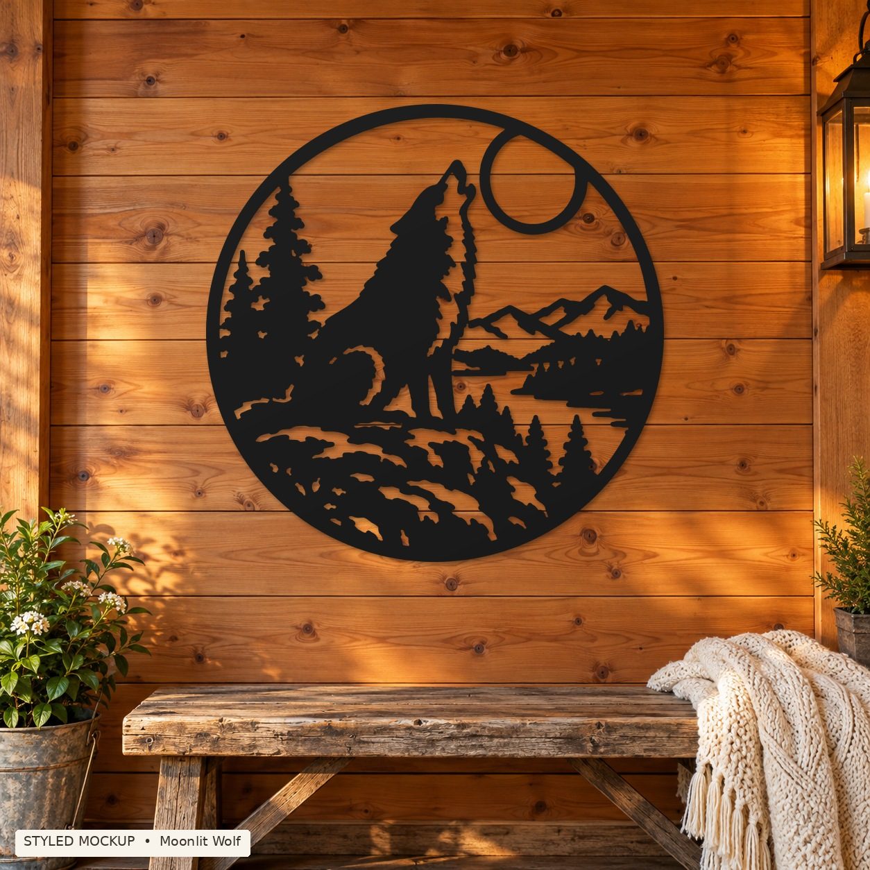 Moonlit Wolf metal sign shown in a cedar entry styled mockup