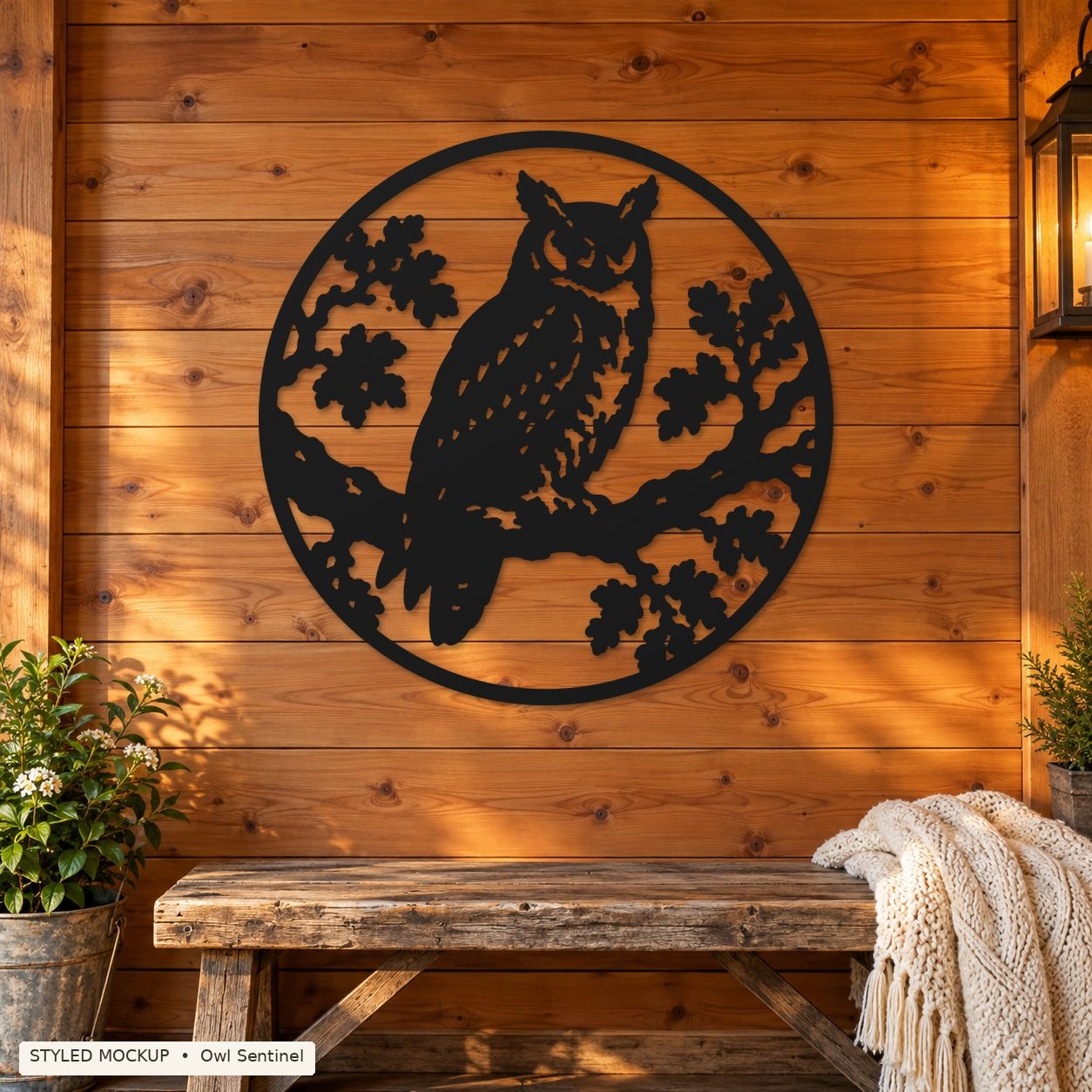 Owl Sentinel metal sign shown in a cedar entry styled mockup