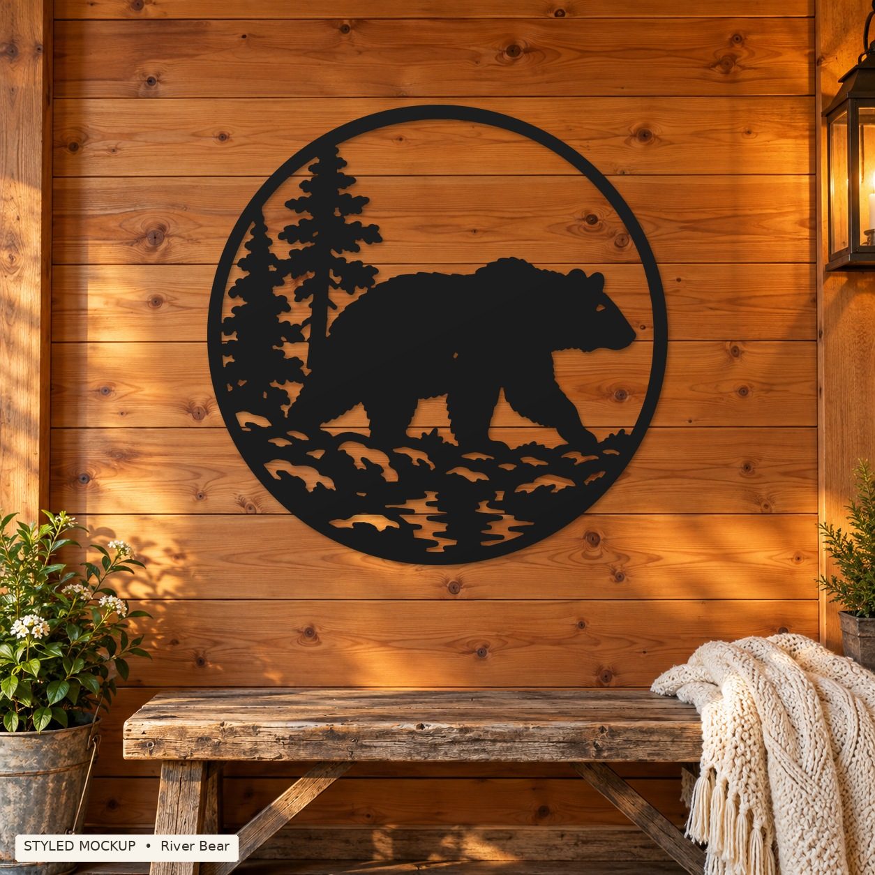 River Bear metal sign shown in a cedar entry styled mockup