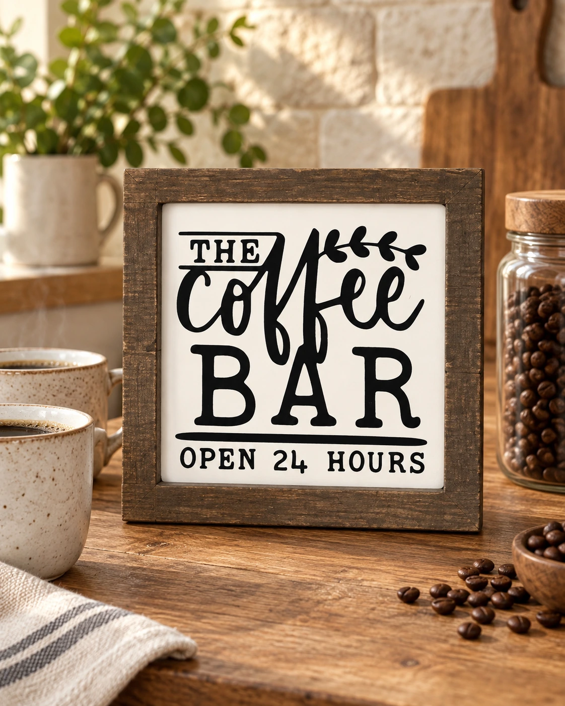 Coffee Bar Mini-Signs displayed in a warm styled setting