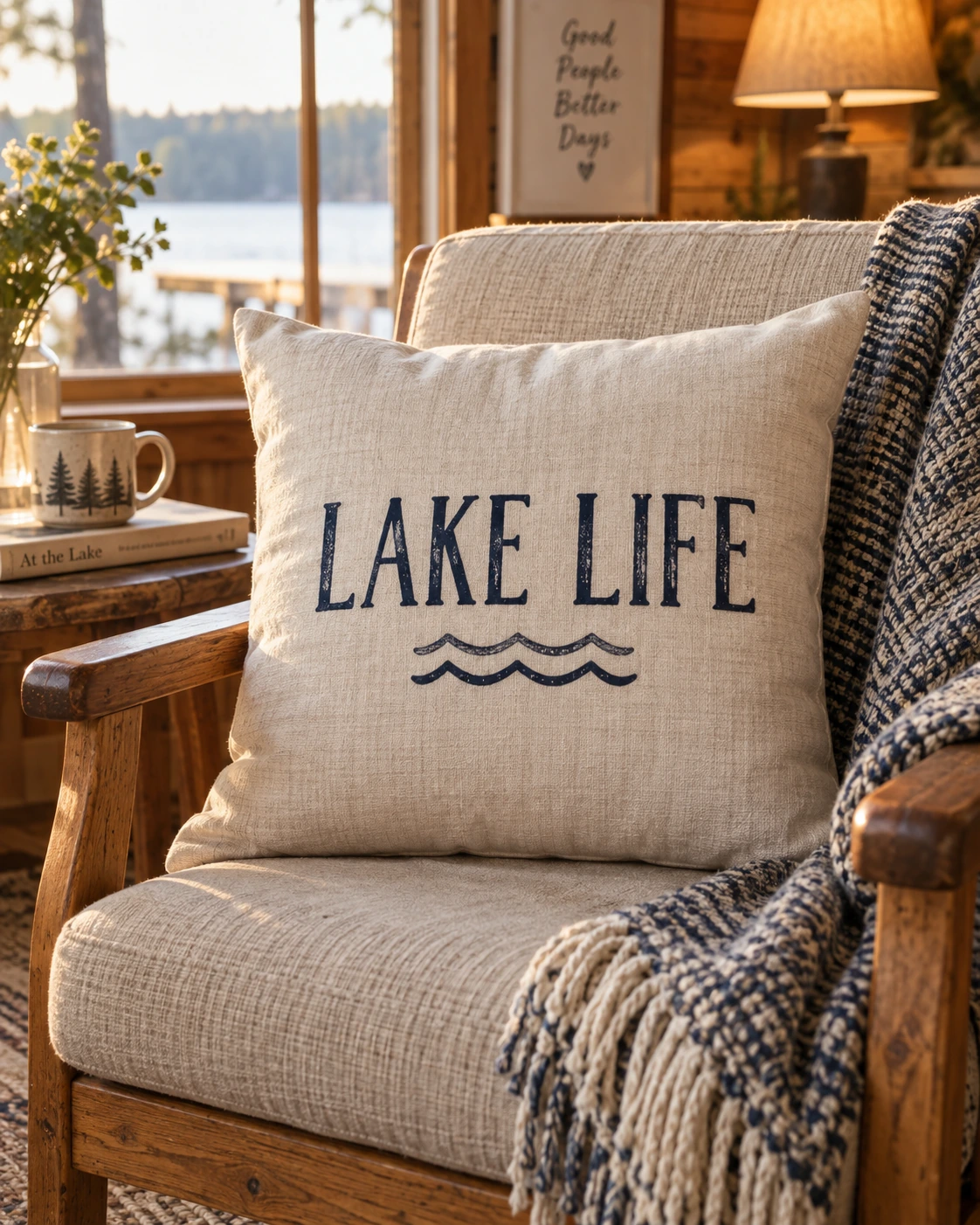 Lake Life Pillow displayed in a warm styled setting