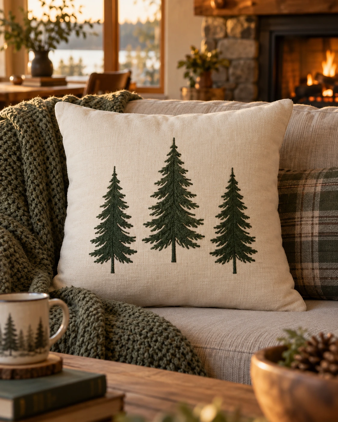 Pine Forest Pillow displayed in a warm styled setting