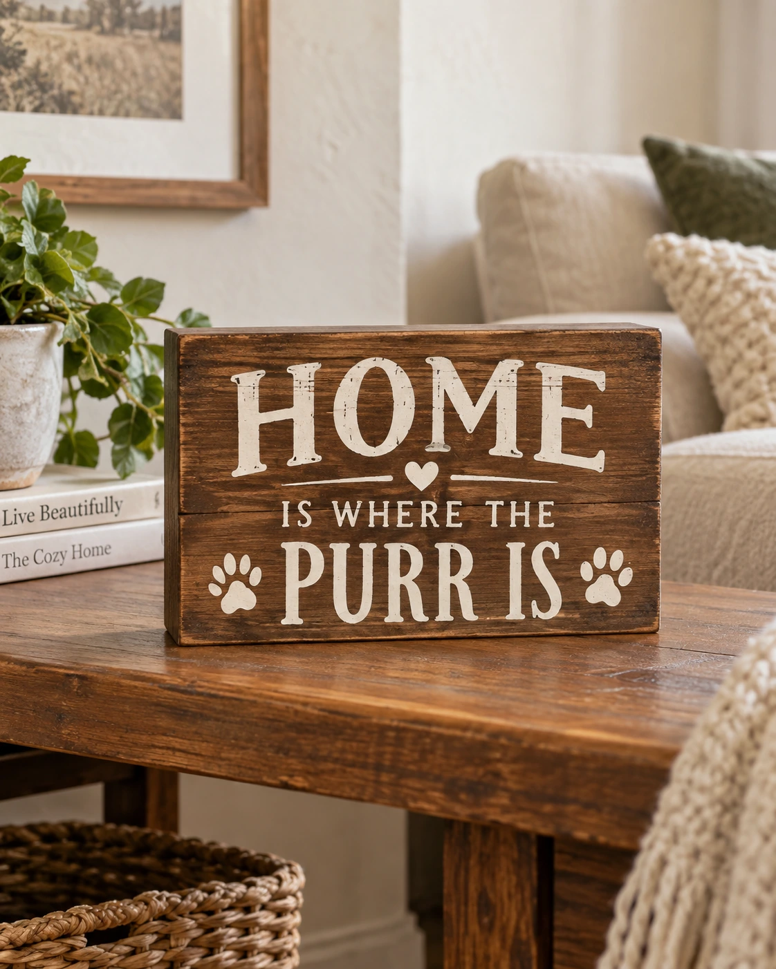 Home Is Where the Purr Is displayed in a warm styled setting