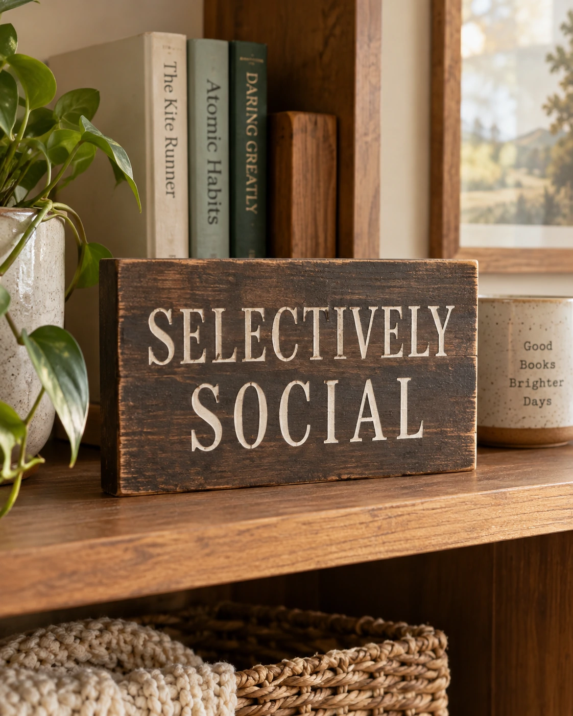 Selectively Social displayed in a warm styled setting