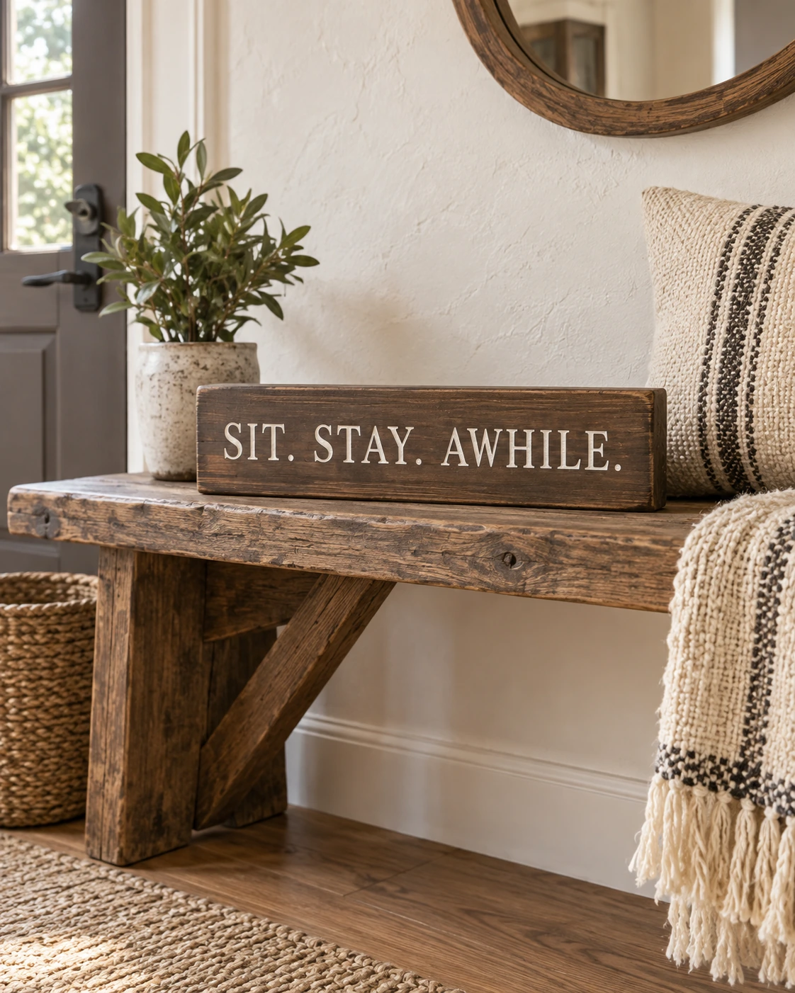 Sit Stay Awhile displayed in a warm styled setting