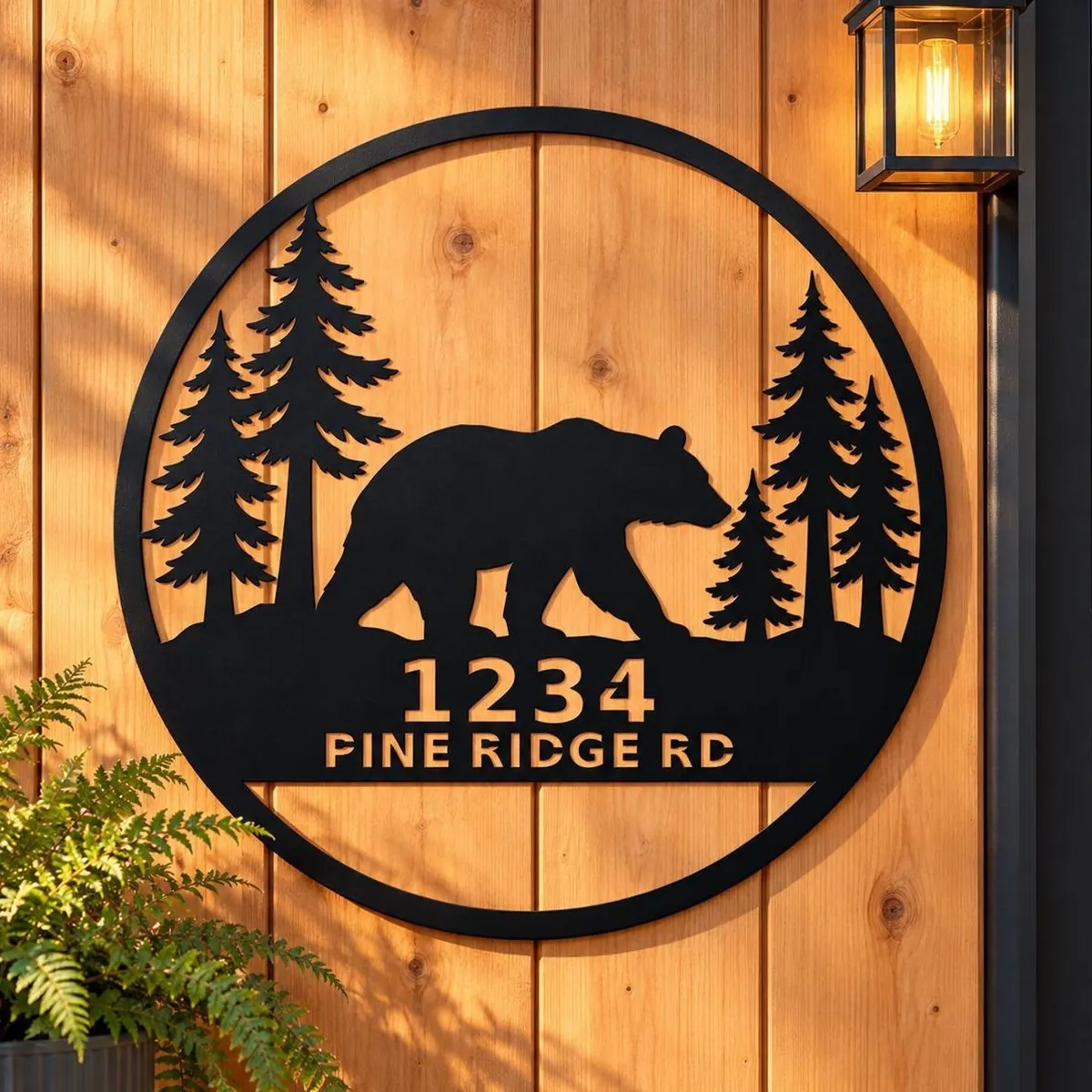 Bear in the Pines Round Address Sign personalized black metal sign, cedar wall by a lantern
