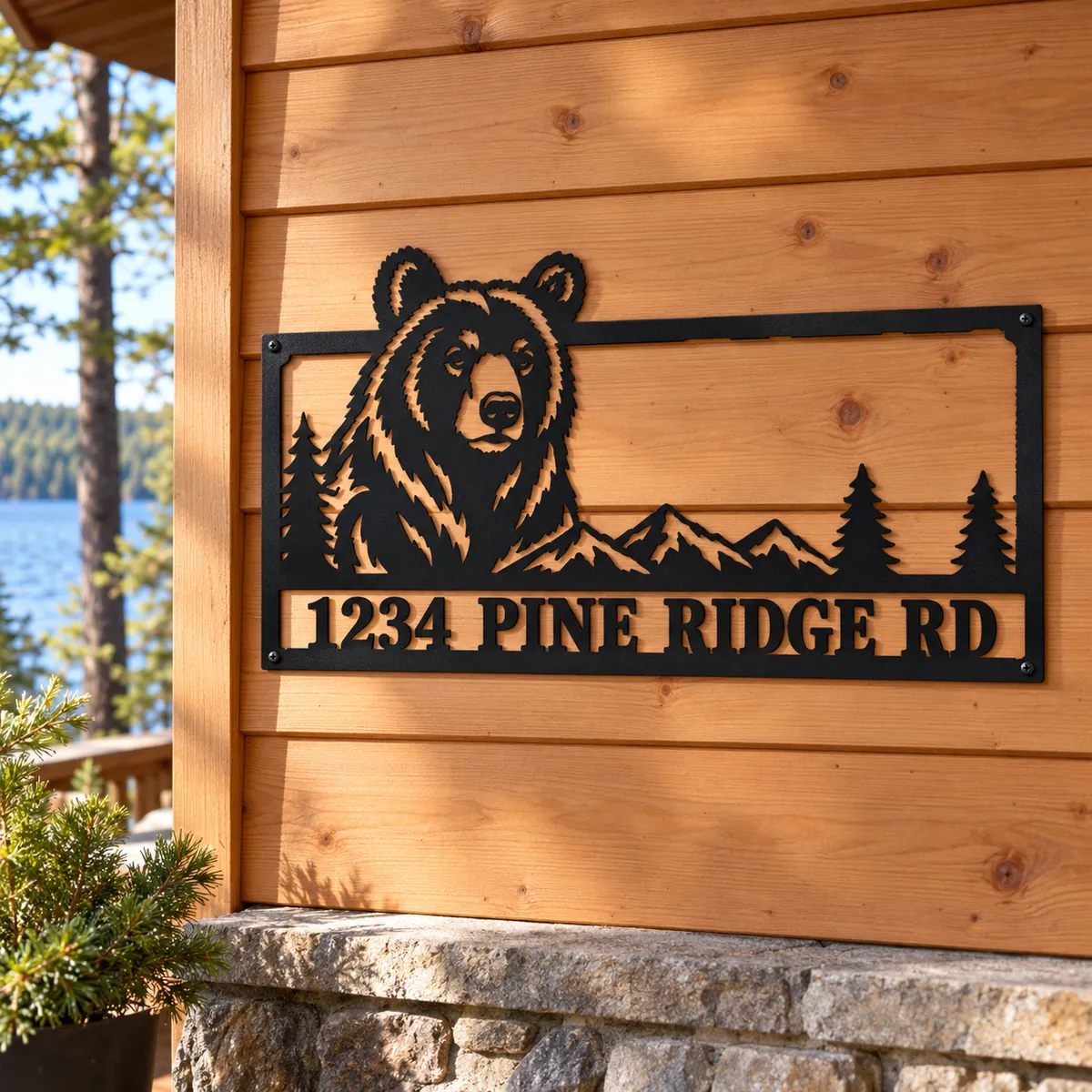 Bear Address Sign personalized black metal sign, log cabin wall