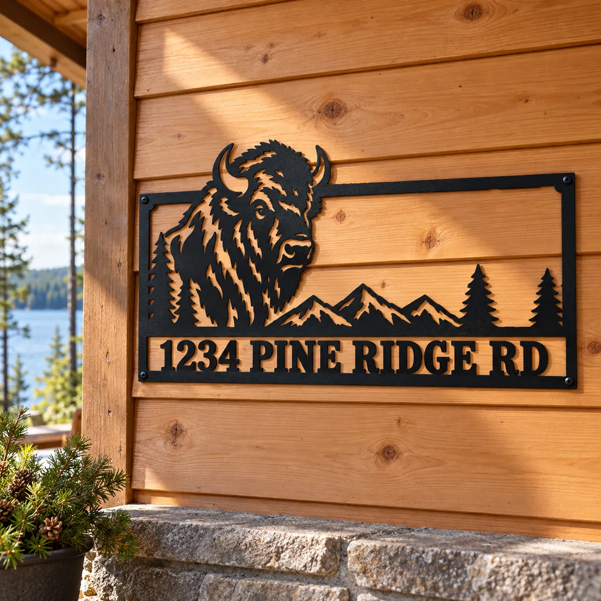 Bison Address Sign personalized black metal sign, log cabin wall