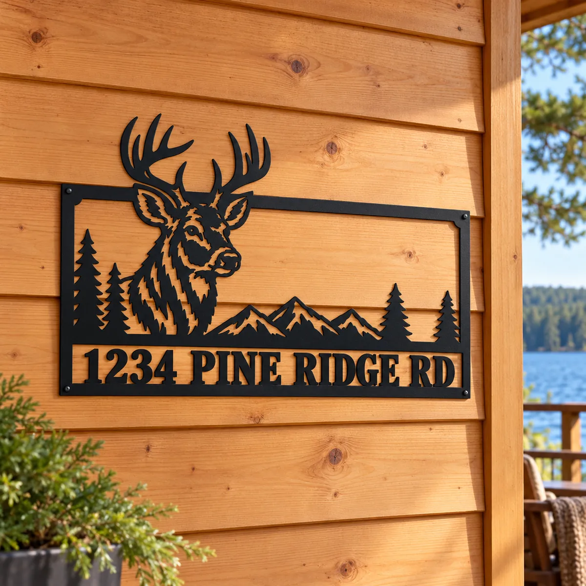 Buck Address Sign personalized black metal sign, log cabin wall
