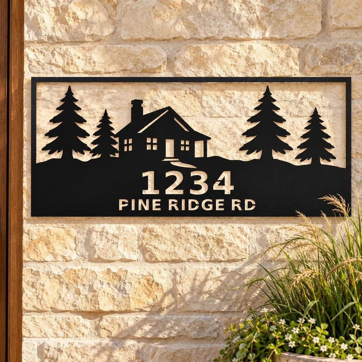 Cabin in the Pines Address Sign personalized black metal sign, stone wall by the front door