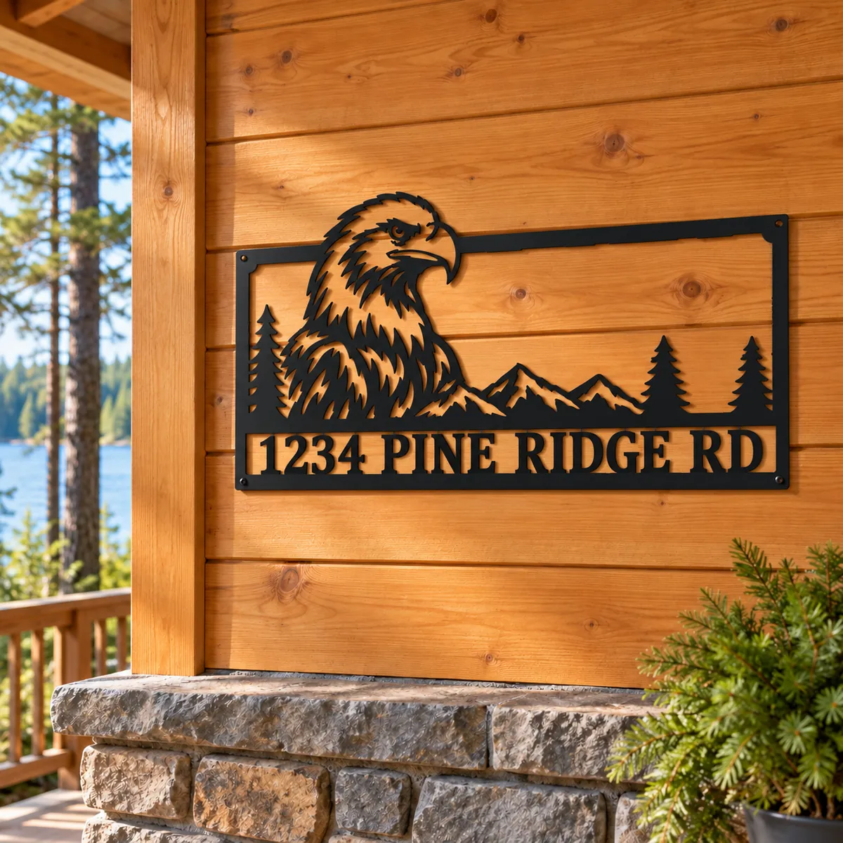 Eagle Address Sign personalized black metal sign, log cabin wall