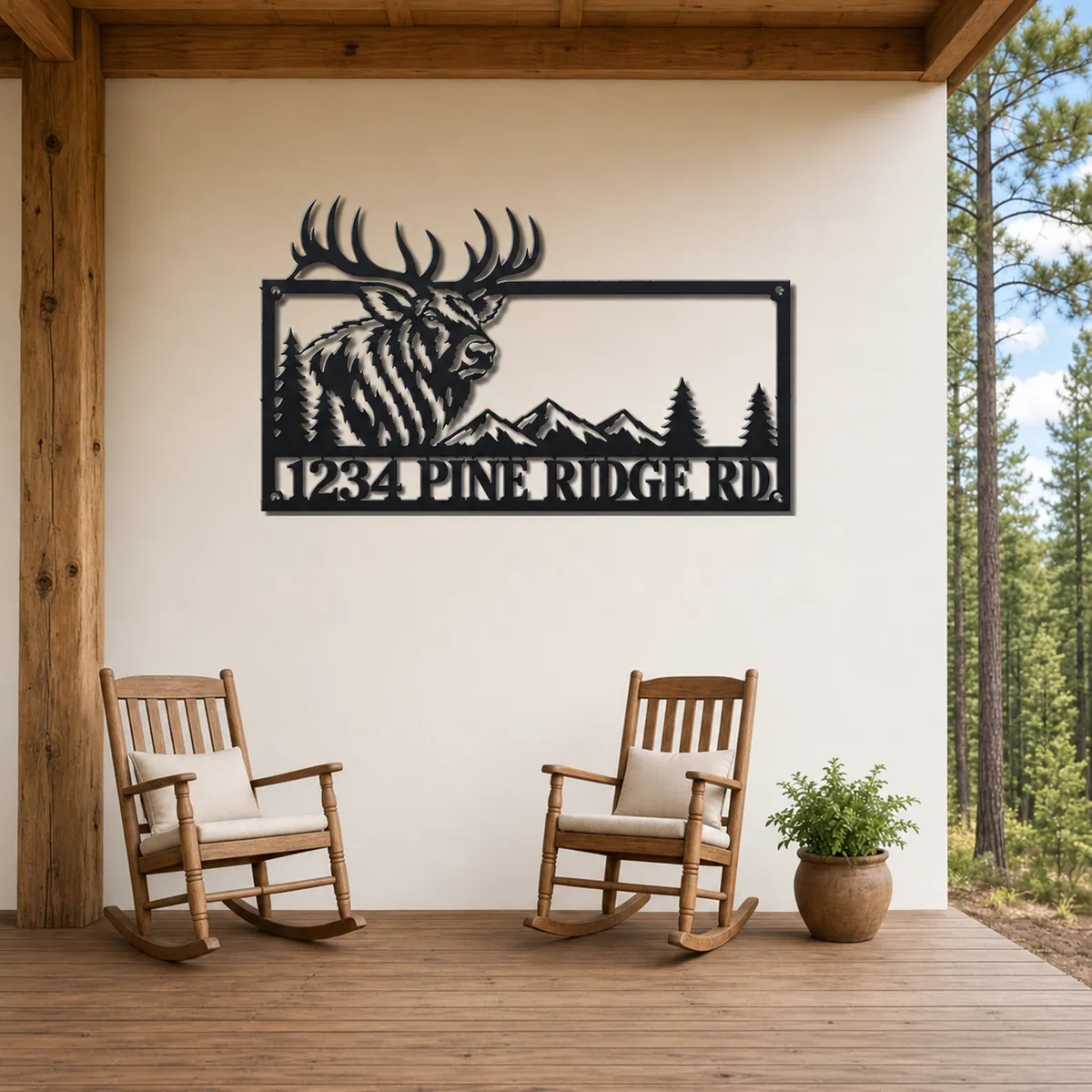 Elk Address Sign personalized black metal sign, white porch with rocking chairs