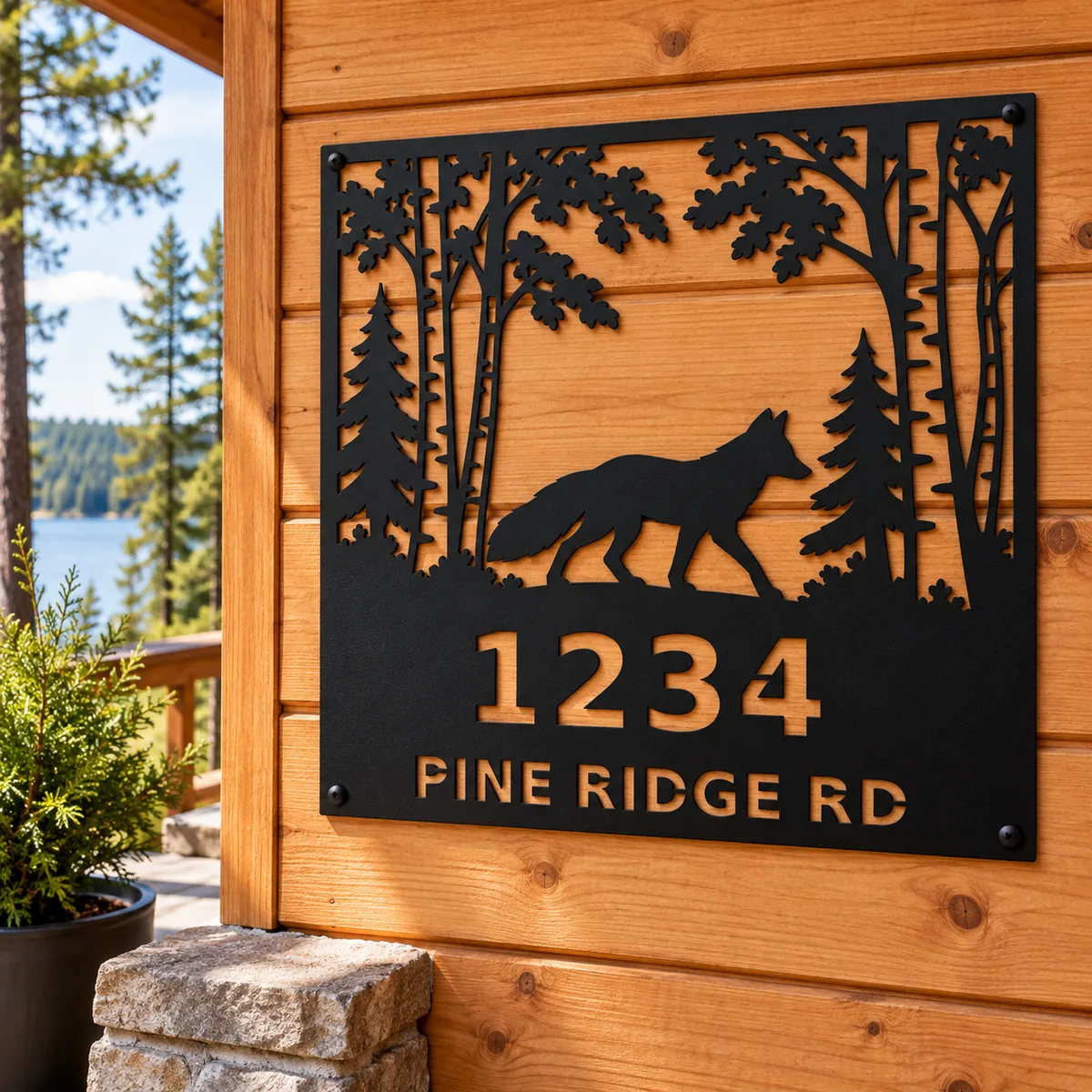 Fox in the Birches Address Sign personalized black metal sign, cedar wall by the lake