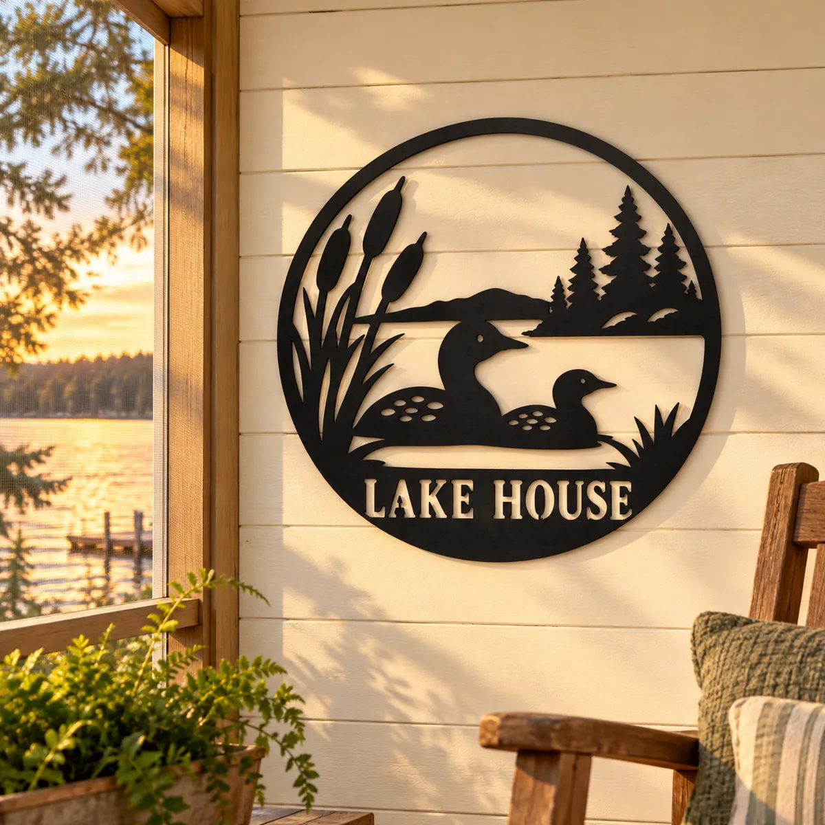 Loons Lake Sign with two loons, cattails and pines and the words Lake House, hanging on a lakeside cottage porch