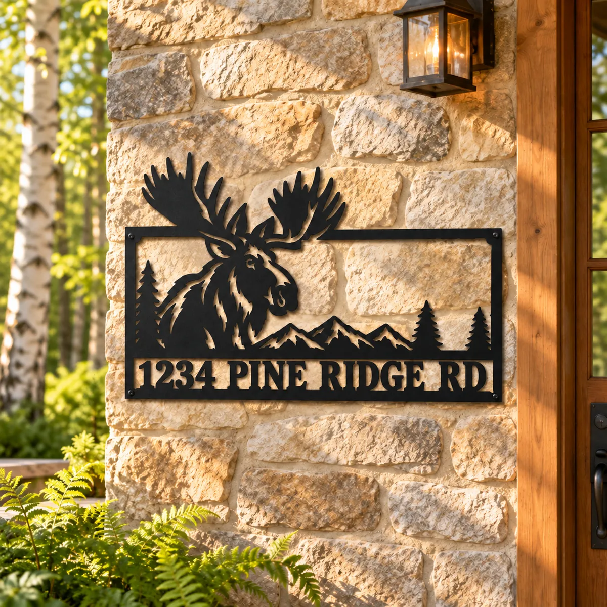 Moose Address Sign personalized black metal sign, stone wall by a lantern