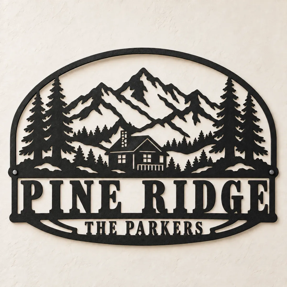 Pine Ridge Cabin Sign personalized black metal sign design