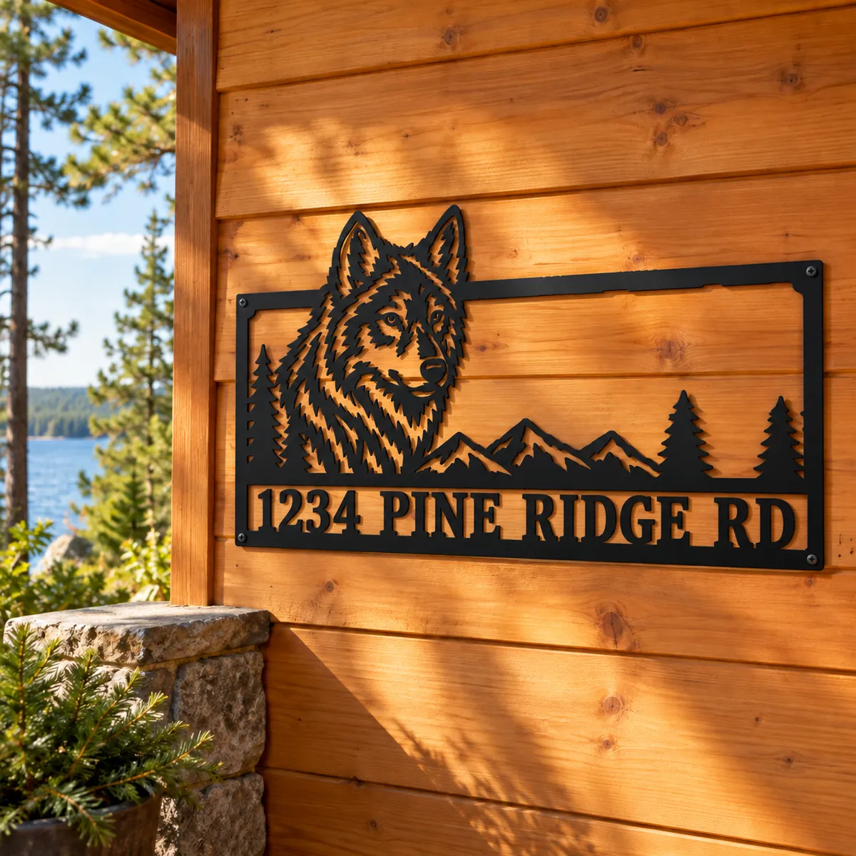 Wolf Address Sign personalized black metal sign, cedar wall by the lake