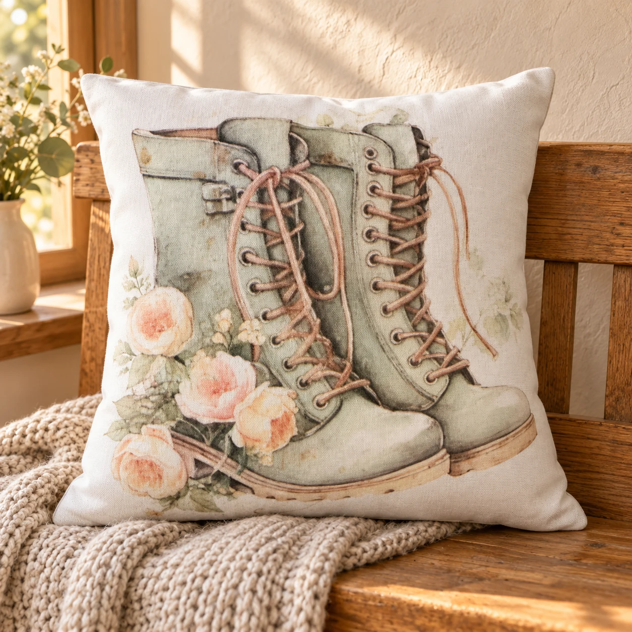 Floral Lace-Up Boots Pillow in a warm styled setting