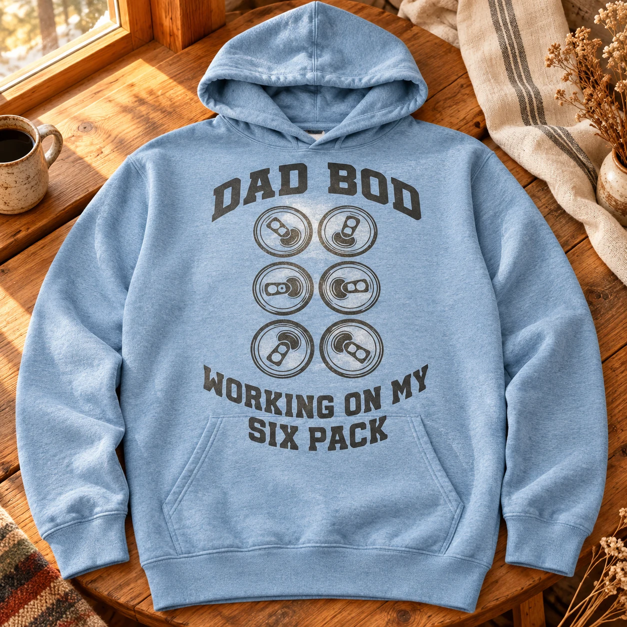 Dad Bod Six Pack Hoodie in a warm styled setting