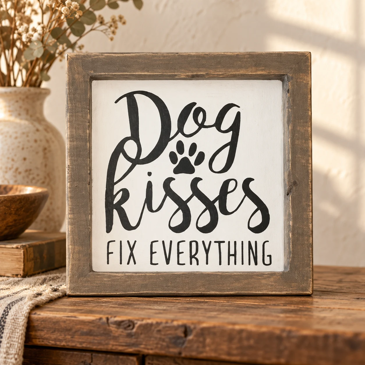 Dog Kisses Fix Everything in a warm styled setting