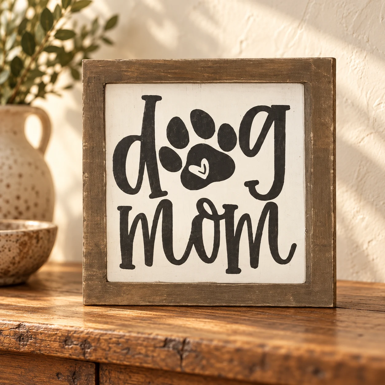 Dog Mom Mini Sign in a warm styled setting