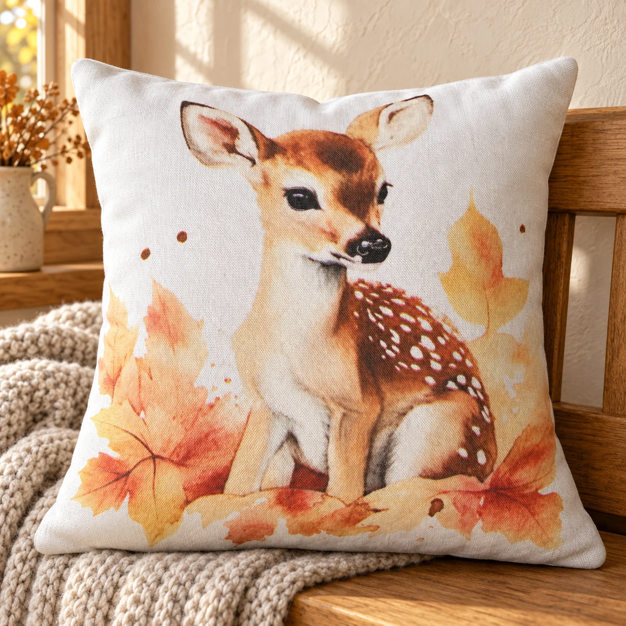 Autumn Fawn Pillow in a warm styled setting