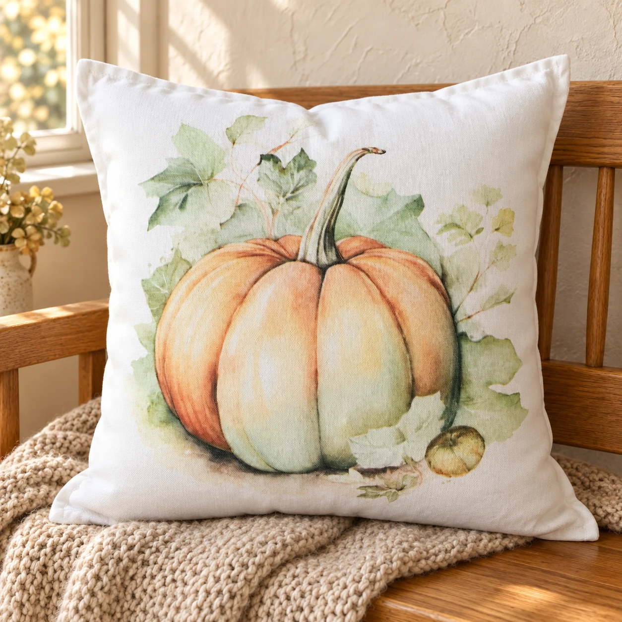 Watercolour Pumpkin Pillow in a warm styled setting