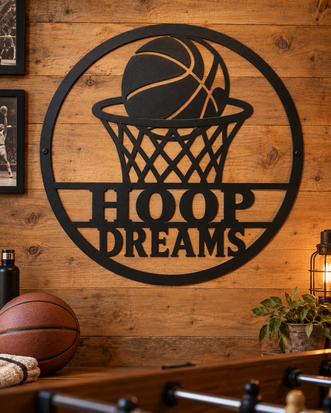 Hoop Dreams metal sign in a warm rustic setting