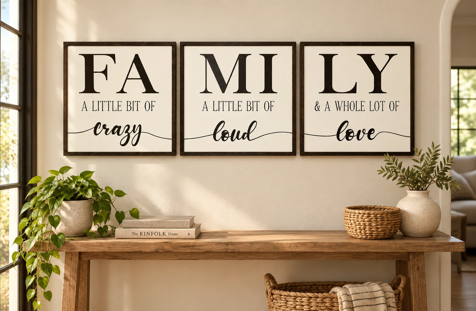 Three-piece FA, MI, LY wooden family sign set displayed in a warm home entryway