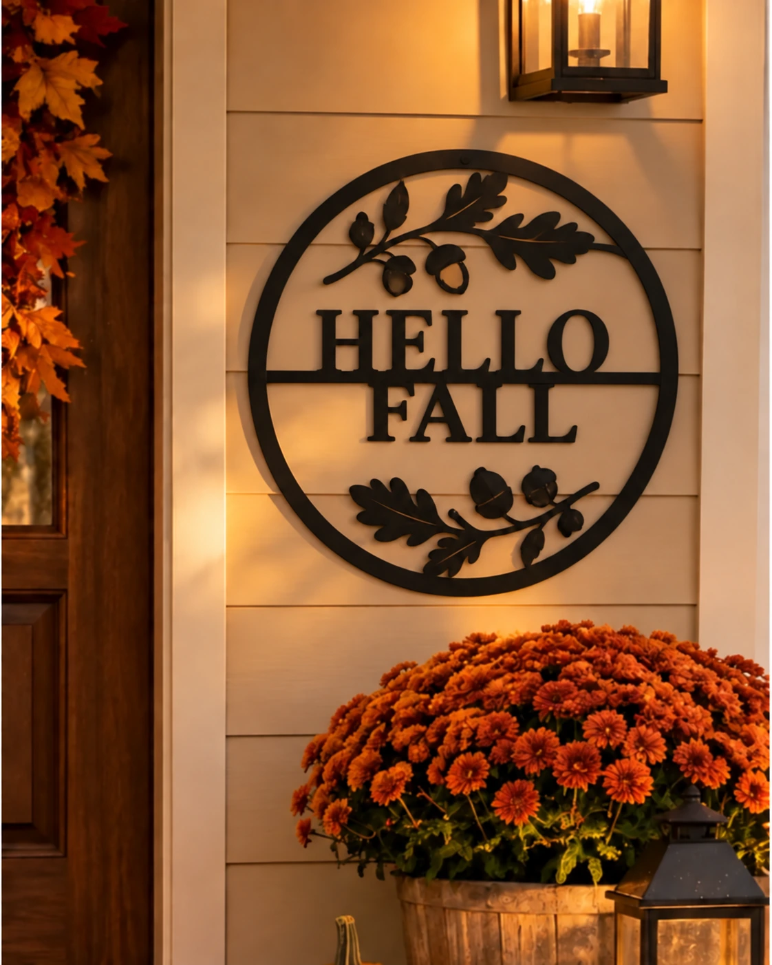 Hello Fall metal sign on a warm autumn porch