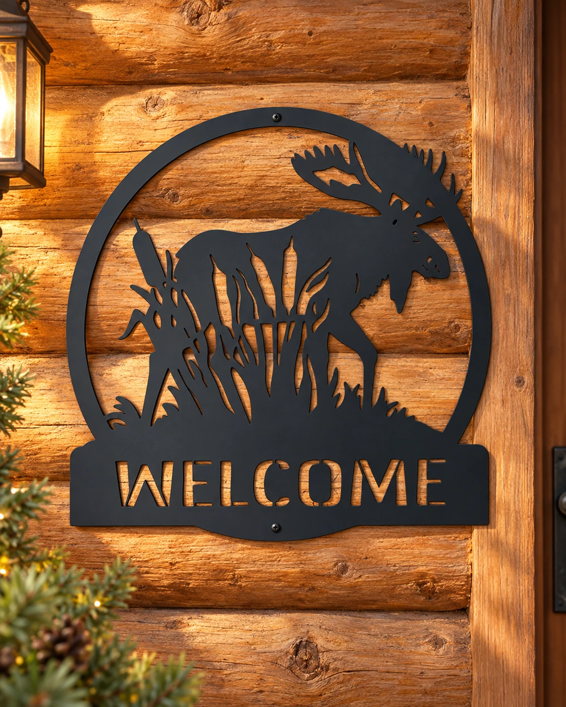 Moose Welcome metal sign in a warm rustic setting